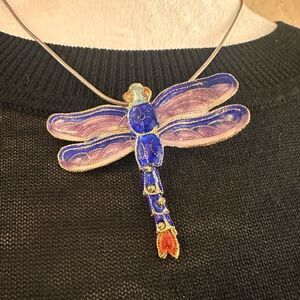 Elegant Blue and Pink Dragonfly Pendant Necklace